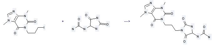 Allantoin can react with 1-(3-iodo-propyl)-3,7-dimethyl-3,7-dihydro-purine-2,6-dione to get {1-[3-(3,7-dimethyl-2,6-dioxo-2,3,6,7-tetrahydro-purin-1-yl)-propyl]-2,5-dioxo-imidazolidin-4-yl}-urea.